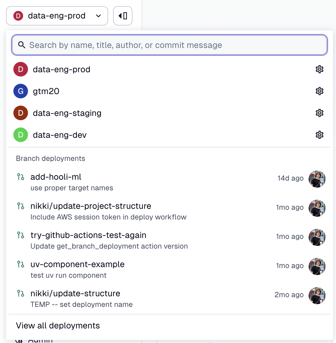 Highlighted branch deployment in the Dagster+ deployment switcher